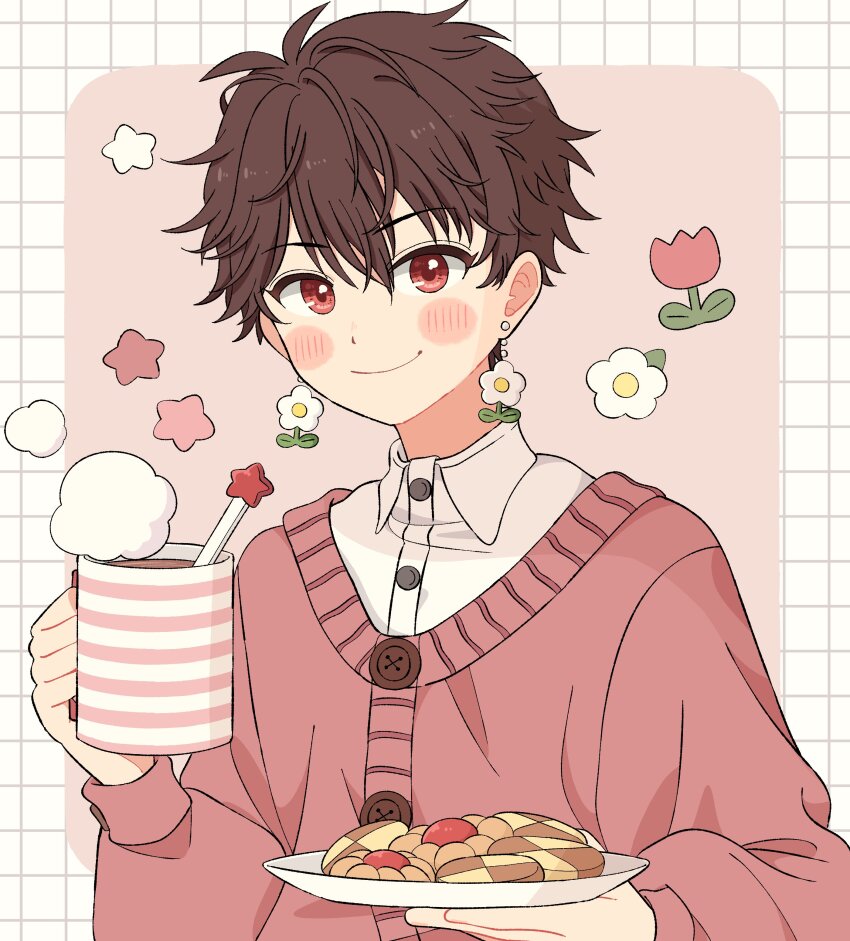 1boy absurdres biscuit_(bread) brown_hair buttons cardigan closed_mouth collared_shirt commentary cup earrings eeppa ensemble_stars! flower flower_earrings hands_up highres holding holding_cup holding_plate jewelry long_sleeves looking_at_viewer male_focus morisawa_chiaki plate red_cardigan red_eyes red_flower shirt short_hair smile solo star_(symbol) symbol-only_commentary upper_body white_flower