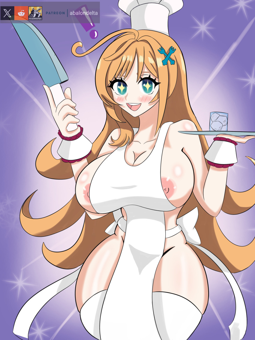 ! :d apron blonde_hair blush breasts chef_hat cleavage escoffier_(genshin_impact) genshin_impact hair_ornament hat knife large_breasts long_hair looking_at_viewer naked_apron nipple_slip nipples open_mouth smile star-shaped_pupils star_(symbol) symbol-shaped_pupils thighhighs thighs wrist_cuffs