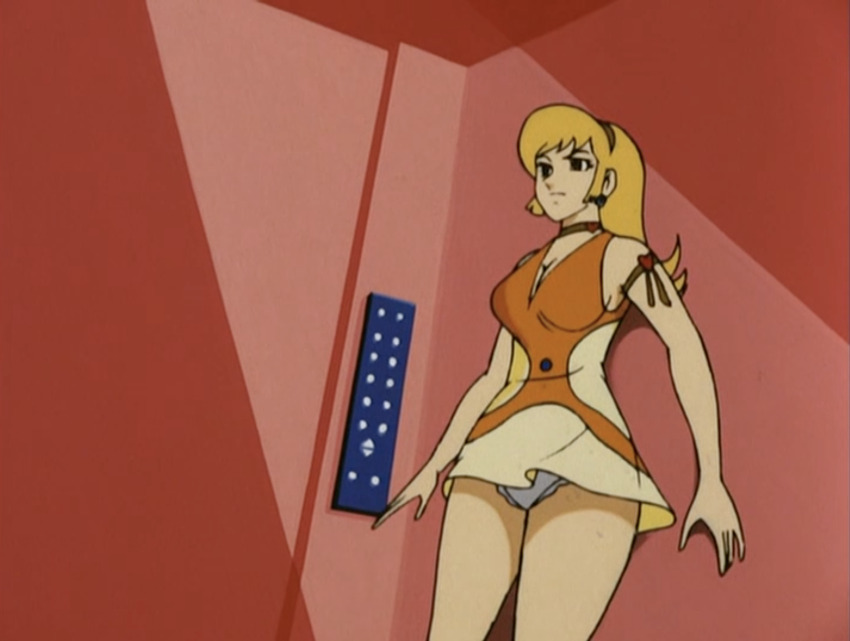 1girl anime_screenshot armband bare_shoulders blonde_hair breasts buttons cleavage cutie_honey dress earrings elevator elevator_operator from_below jewelry kisaragi_honey large_breasts long_hair orange_dress panties short_dress solo thighs underwear upskirt white_panties