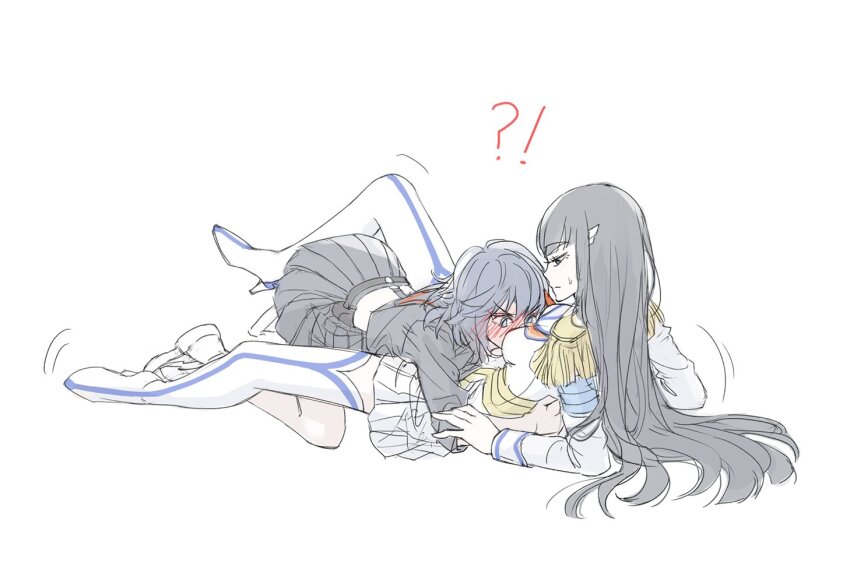 2girls boots breasts embarrassed face_to_breasts high_heel_boots high_heels jibek_lily junketsu kill_la_kill kiryuuin_satsuki long_hair matoi_ryuuko multiple_girls senketsu short_hair siblings sisters skirt white_background