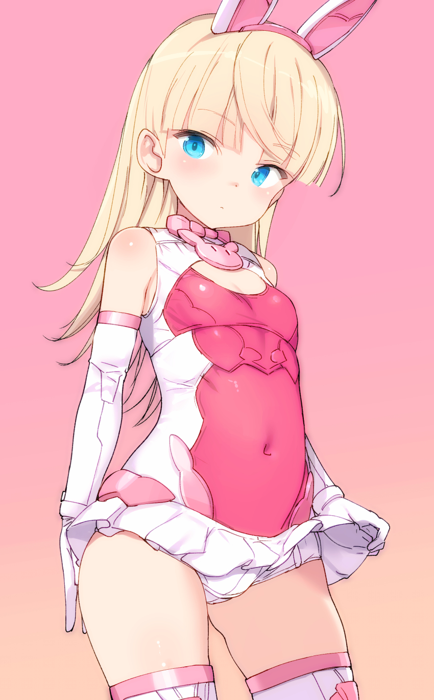 1girl 30_minutes_sisters absurdres animal_ears blonde_hair blue_eyes breasts clothes_lift covered_navel elbow_gloves expressionless fake_animal_ears gloves gluteal_fold highres leotard lifting_own_clothes lirinel_(30ms) long_hair microskirt multicolored_leotard pink_background pink_leotard rabbit_ears shimada_fumikane simple_background skirt skirt_lift small_breasts solo thighhighs thighs two-tone_leotard white_gloves white_leotard white_skirt white_thighhighs