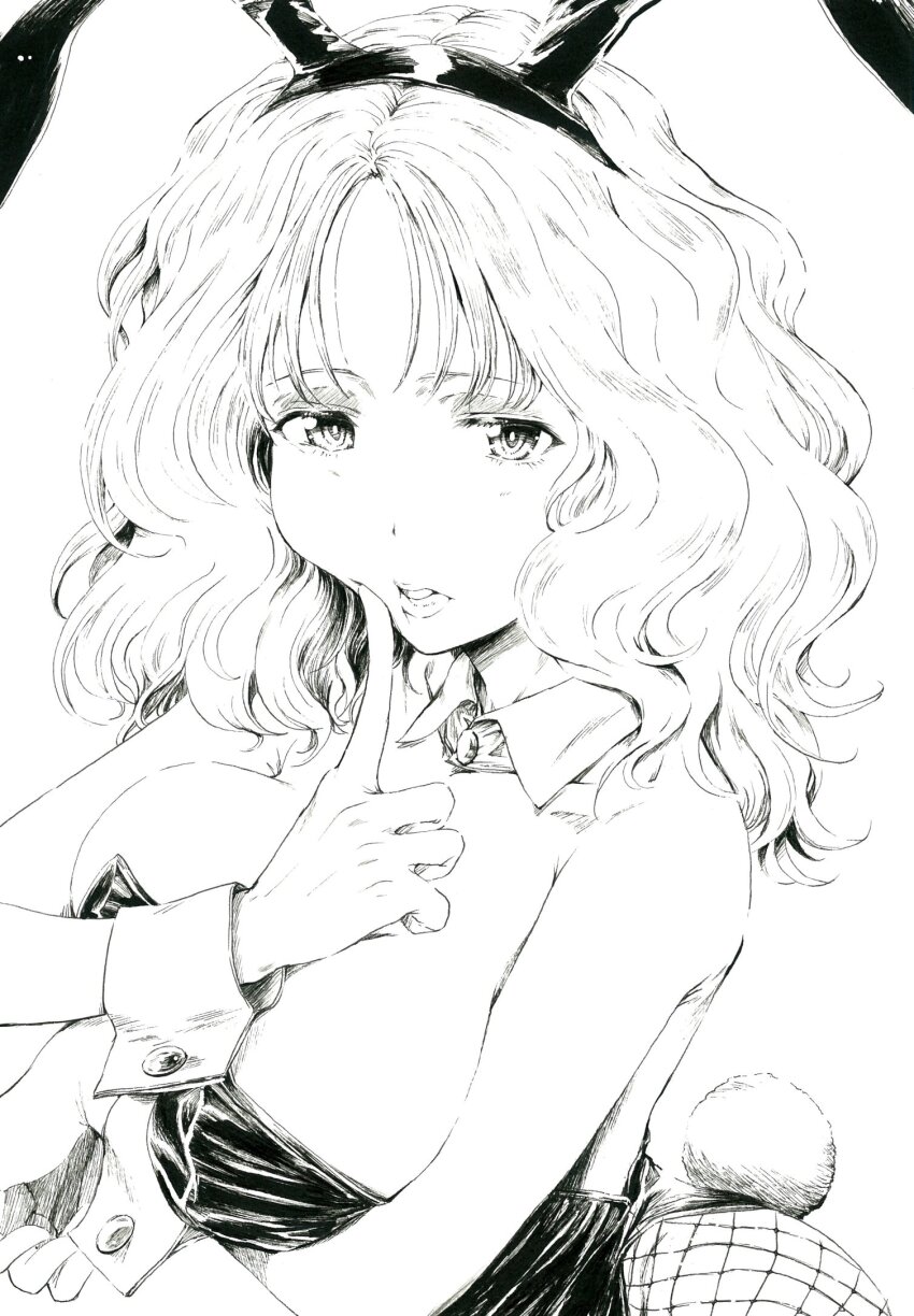 1girl animal_ears arm_under_breasts ass bare_shoulders breasts detached_collar dutch_angle fake_animal_ears finger_to_mouth fishnets girls_und_panzer greyscale highres large_breasts leotard long_hair monochrome peach_(girls_und_panzer) playboy_bunny rabbit_ears rabbit_tail sawamin solo tail wavy_hair wrist_cuffs