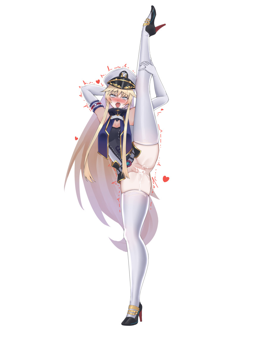 1girl absurdres after_vaginal aftersex ahegao arm_behind_head arm_up belt black_footwear blonde_hair blue_eyes breasts ccga17 cum cum_in_pussy cumdrip elbow_gloves enterprise_(warship_girls_r) flexible fucked_silly gloves hand_on_own_leg hat high_heels highres large_breasts leg_hold leg_lift leg_up long_hair looking_at_viewer medium_breasts panties peaked_cap pussy rolling_eyes solo split standing standing_on_one_leg standing_split thighhighs underwear very_long_hair warship_girls_r white_belt white_gloves white_panties white_thighhighs