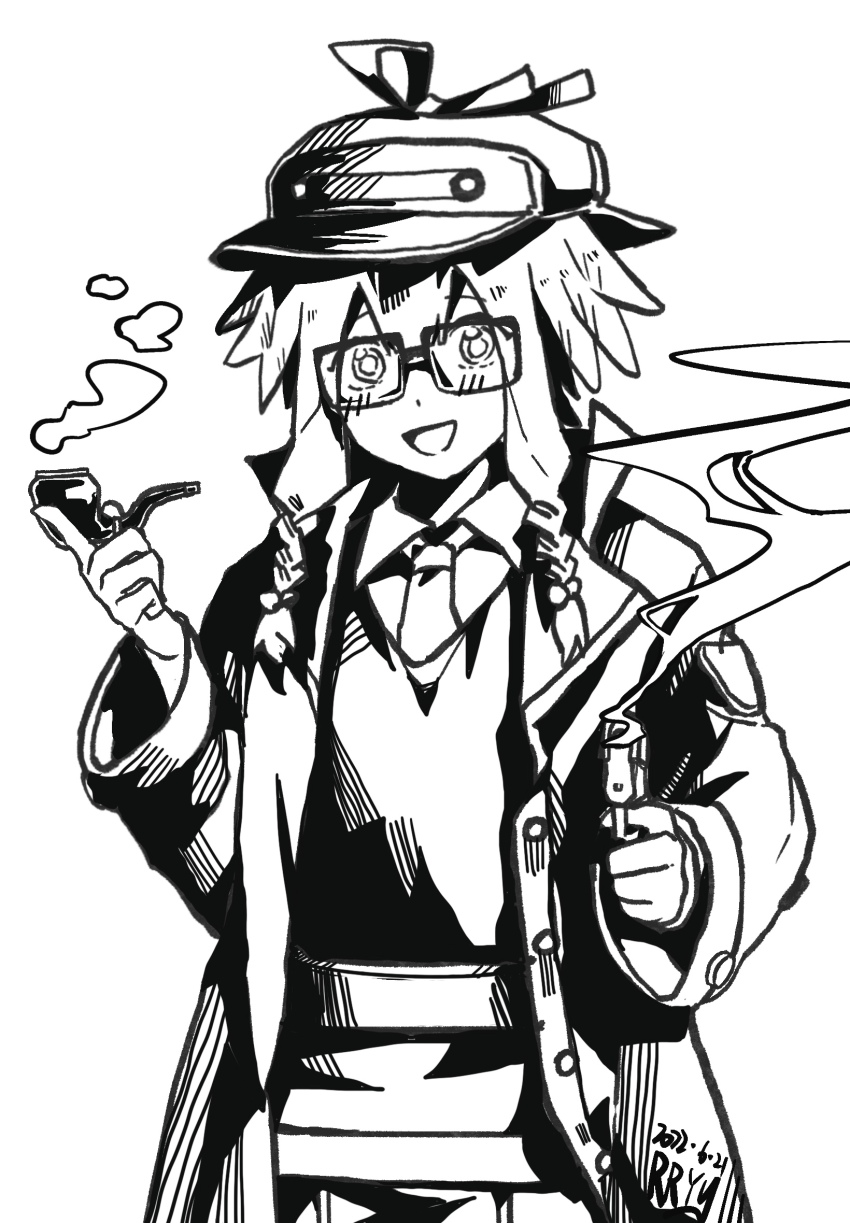 1girl arknights artist_name coat dated deerstalker greyscale gun handgun hat highres holding holding_gun holding_smoking_pipe holding_weapon looking_at_viewer may_(arknights) may_(elite_ii)_(arknights) monochrome necktie open_mouth pov rectangular_eyewear rryy short_hair_with_long_locks smoke smoking_barrel smoking_pipe solo weapon