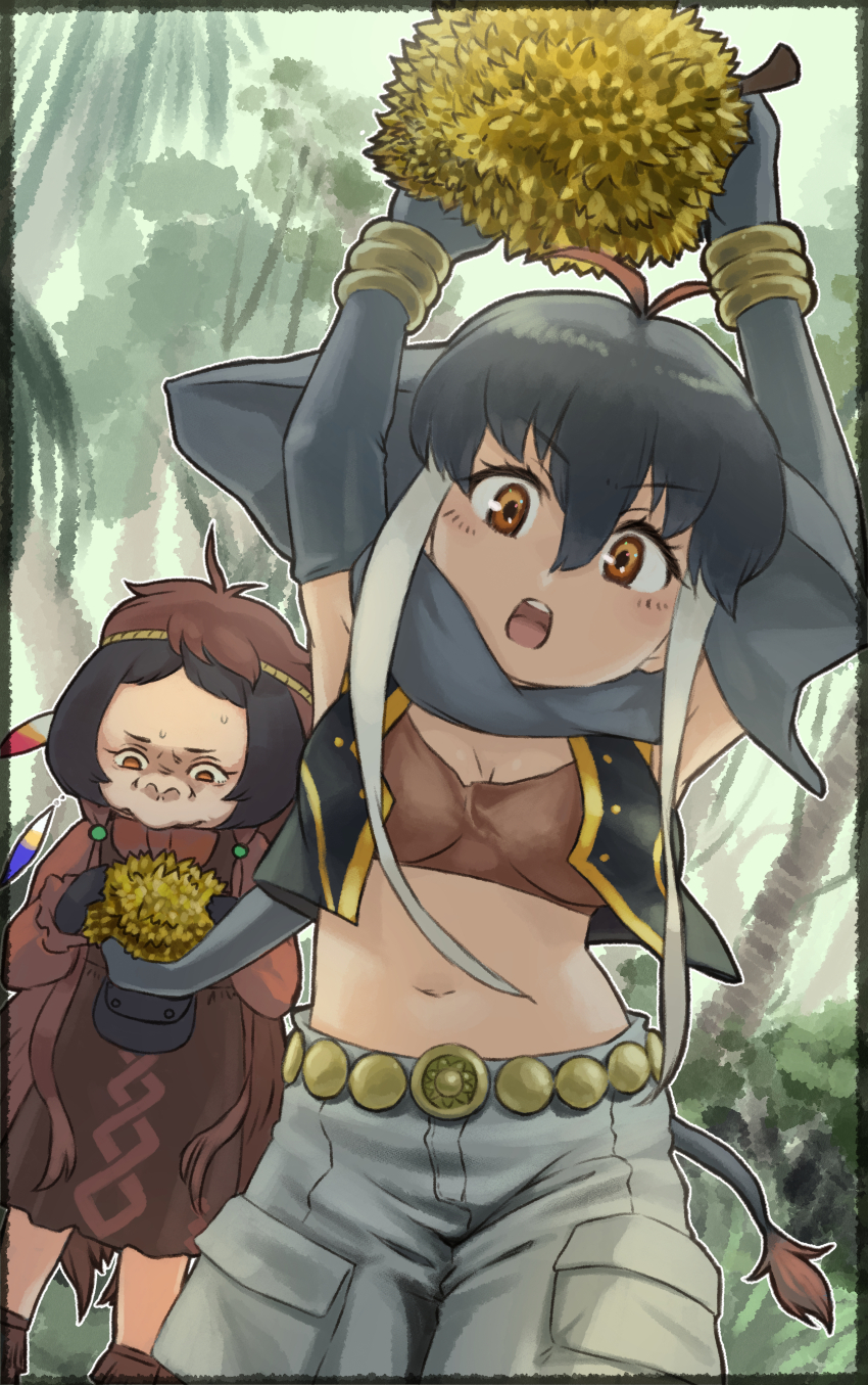 2girls absurdres animal_ears arms_up black_hair borneo_elephant_(kemono_friends) brown_hair day dress durian dutch_angle elbow_gloves elephant_ears elephant_girl elephant_tail extra_ears food fruit gloves grey_gloves grey_hair hair_between_eyes highres holding holding_food holding_fruit kemono_friends kemono_friends_3 legs_apart long_hair long_sleeves looking_at_object looking_at_viewer multicolored_hair multiple_girls navel nervous_sweating open_clothes open_mouth open_vest orange_eyes orangutan_(kemono_friends) outdoors shorts standing stomach straight-on sweat tail toriny two-tone_hair very_long_hair vest