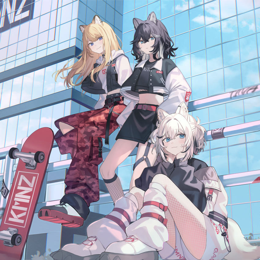 3girls :3 against_railing animal_ears belt black_choker black_hair black_jacket black_skirt black_vest blonde_hair blue_eyes blush building chain choker city closed_mouth crop_top crossed_bangs day dog_ears dog_girl dog_tail ear_piercing earrings fishnet_pantyhose fishnet_socks fishnets hair_between_eyes hands_on_own_face highres hood hood_down hoodie jacket jewelry kmnz letterman_jacket lita_(kmnz) long_sleeves looking_at_viewer loose_socks midriff multicolored_hair multicolored_jacket multiple_girls navel nero_(kmnz) official_art on_railing open_clothes open_jacket outdoors pants pantyhose piercing platform_footwear print_hoodie print_shorts railing red_belt red_pants second-party_source shorts shugao sitting skateboard skirt smile socks streaked_hair tail tina_(kmnz) two-tone_hair two_side_up vest white_footwear white_hair white_hoodie white_jacket white_shorts white_socks white_tail