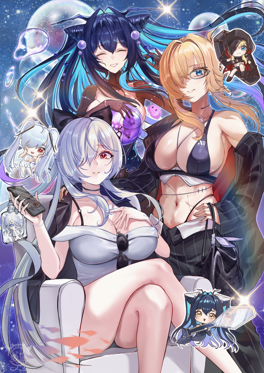 3girls absurdres aqua_hair blonde_hair blue_eyes breasts cinderella_(beautiful_me)_(nikke) cinderella_(nikke) cleavage d_plan goddess_of_victory:_nikke grave_(beautiful_you)_(nikke) grave_(nikke) highres little_mermaid_(abyss_flower)_(nikke) little_mermaid_(nikke) multiple_girls navel official_alternate_costume red_eyes