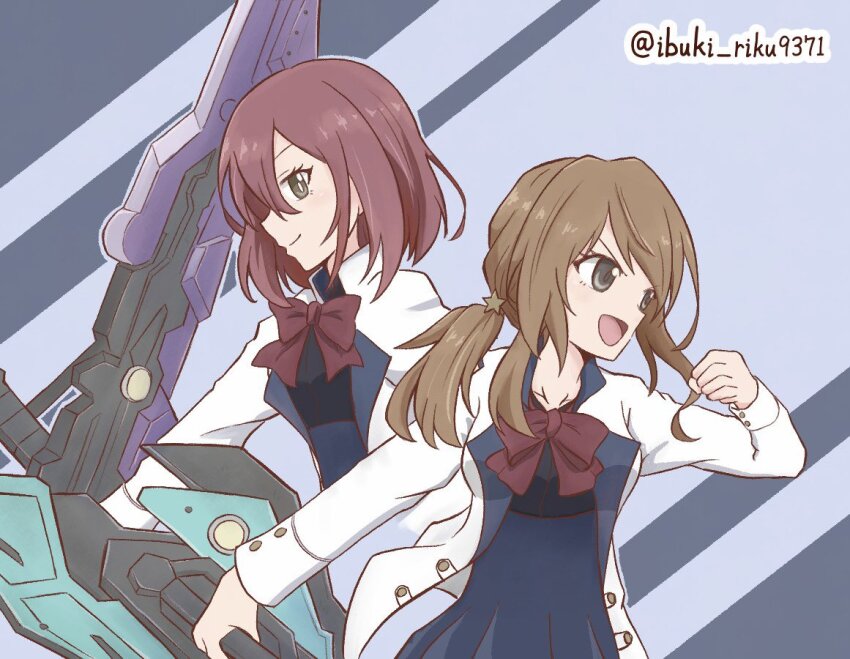 2girls :d assault_lily black_background blue_background blue_skirt bow bowtie breasts brown_hair clenched_hand closed_mouth collarbone commentary_request grey_eyes hair_between_eyes hair_ornament hand_up hatsukano_yo herensuge_girls_academy_school_uniform high-waist_skirt holding holding_weapon ibuki_riku iijima_renka jacket long_hair long_sleeves looking_at_viewer looking_to_the_side low_ponytail medium_breasts medium_hair multiple_girls open_clothes open_jacket open_mouth ponytail profile red_bow red_bowtie red_hair school_uniform side_ponytail sideways_glance skirt smile standing star_(symbol) star_hair_ornament twitter_username two-tone_background upper_body v-shaped_eyebrows weapon white_jacket
