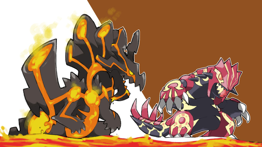 animal_focus black_teeth blacknirrow brown_background claws colored_sclera creatures_(company) crossover dire_miralis game_freak gen_3_pokemon groudon highres lava legendary_pokemon monster monster_hunter_(series) nintendo no_humans open_mouth orange_eyes outline pokemon pokemon_(creature) primal_groudon sharp_teeth simple_background spikes standing teeth two-tone_background white_background white_outline yellow_pupils yellow_sclera