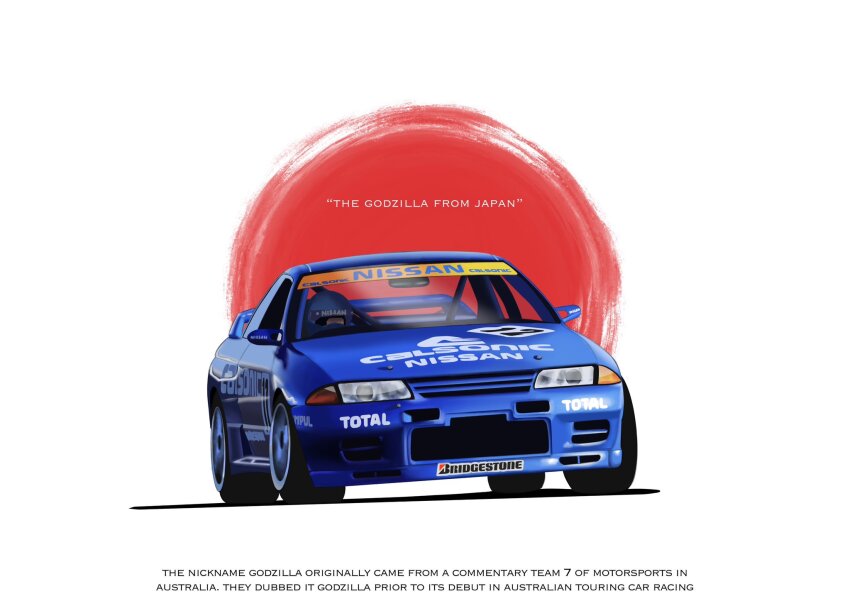 1boy blue_headwear bridgestone car commentary driving english_commentary english_text helmet highres japan japanese_flag motor_vehicle nissan_skyline nissan_skyline_gt-r nissan_skyline_r32 race_vehicle racecar real_life right-hand_drive sei_illustrations solo spoiler_(automobile) super_gt vehicle_focus