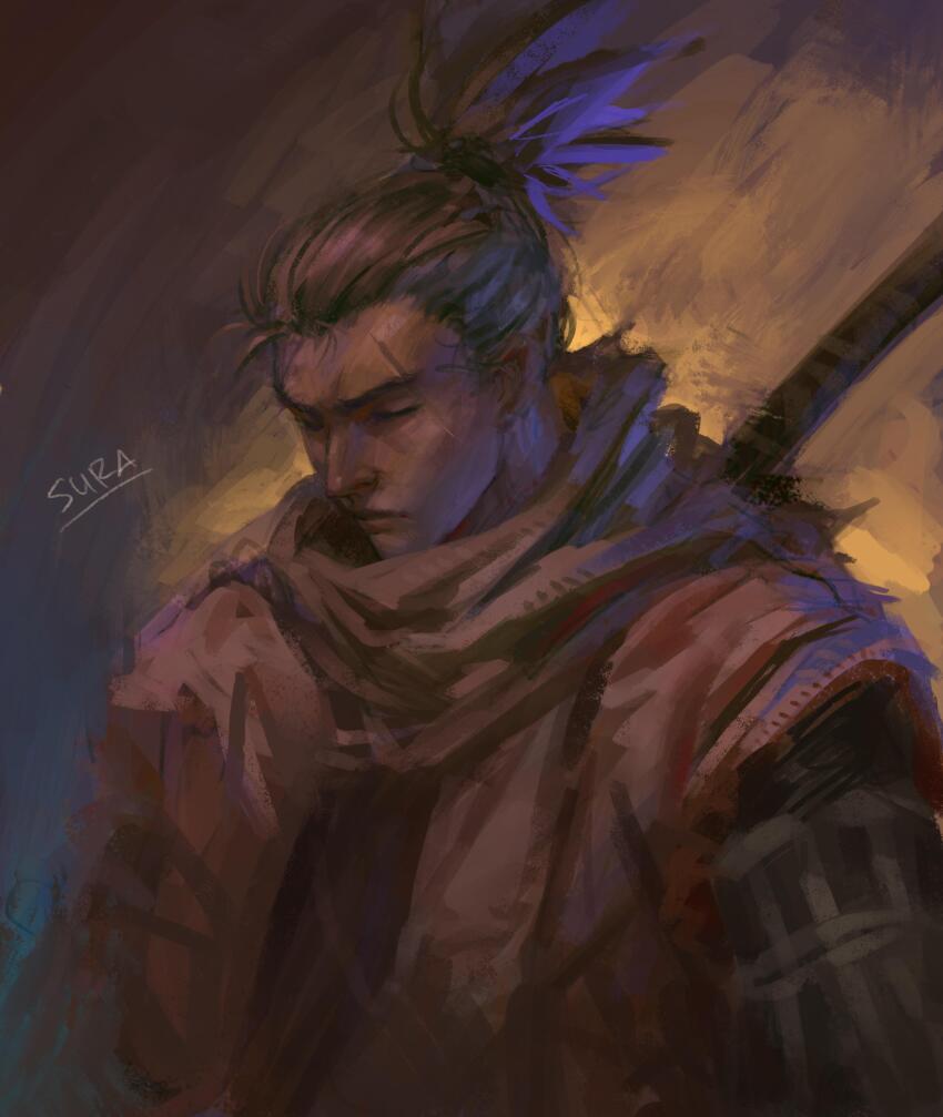 1boy absurdres closed_eyes coat expressionless highres japanese_clothes katana male_focus mechanical_arms orange_coat scar scar_on_face scar_on_forehead scarf sekiro sekiro:_shadows_die_twice sheath sheathed short_hair single_mechanical_arm solo suracii sword sword_on_back topknot upper_body weapon weapon_on_back