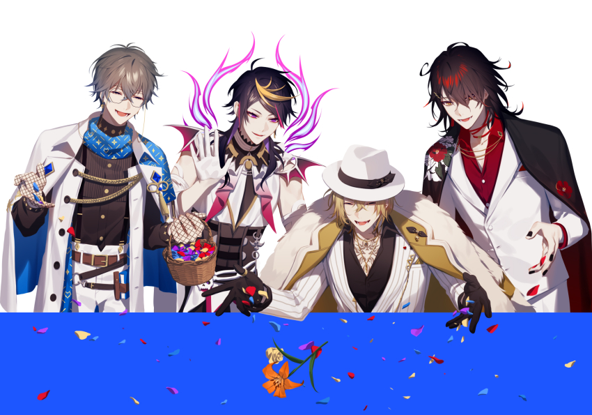 13_(bbr584607091) 4boys black_hair black_nails black_shirt blonde_hair blue_capelet brown_hair capelet chest_tattoo dress_shirt eyeliner eyewear_strap fedora floral_print glasses gloves half_gloves hat highres ike_eveland ike_eveland_(1st_costume) jacket kimono_on_shoulders long_sleeves luca_kaneshiro luca_kaneshiro_(1st_costume) luxiem male_focus medium_hair multicolored_hair multiple_boys nijisanji nijisanji_en pants pink_hair purple_eyes red_eyeliner red_hair red_shirt round_eyewear shirt shu_yamino shu_yamino_(1st_costume) sleeveless streaked_hair tattoo turtleneck virtual_youtuber vox_akuma vox_akuma_(1st_costume) white_gloves white_jacket white_pants white_shirt yellow_eyes