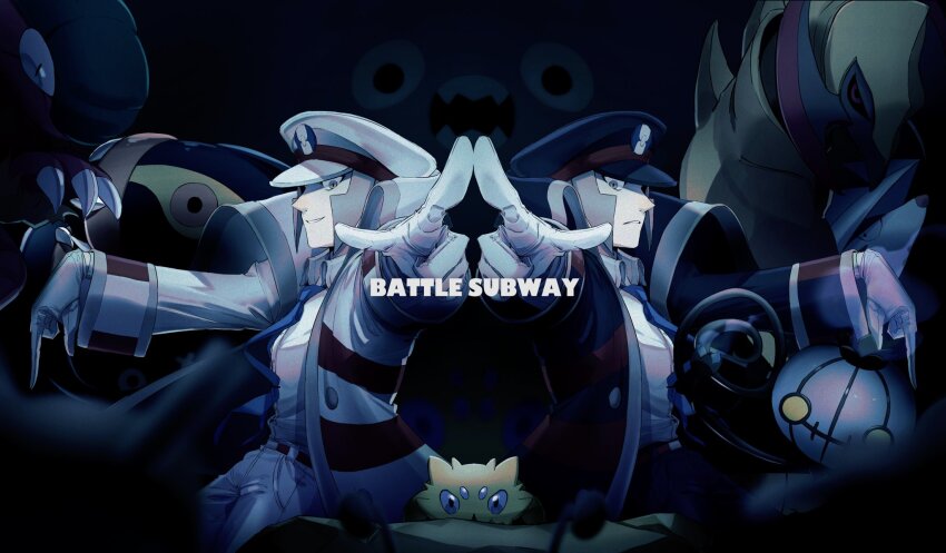 2boys archeops belt black_coat black_hat black_pants blue_necktie brothers chandelure coat collared_shirt eelektross emmet_(pokemon) excadrill frown garbodor gen_5_pokemon gloves grey_eyes grey_hair hat haxorus high_collar highres ingo_(pokemon) joltik long_sideburns male_focus moriyuisu multiple_boys necktie nintendo open_clothes open_coat pants parted_lips peaked_cap pointing pokemon pokemon_(creature) pokemon_bw shirt siblings sideburns smile teeth tie_clip twins white_coat white_gloves white_hat white_pants white_shirt