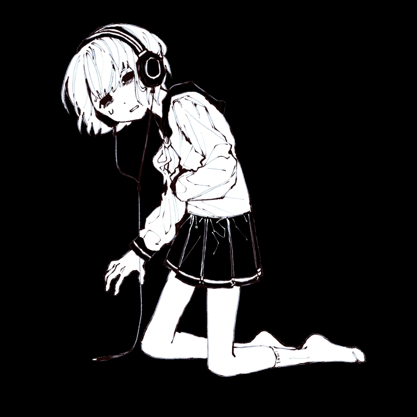 1girl black_background cable full_body greyscale headphones highres kneeling long_sleeves looking_at_viewer monochrome no_shoes original pleated_skirt school_uniform serafuku short_hair skirt socks solo zer0h