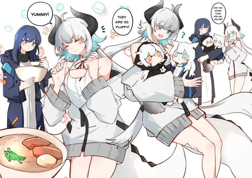 2girls :d ahoge arknights arya_melati blue_coat blue_eyes blue_hair bowl character_doll closed_eyes closed_mouth coat colored_inner_hair commentary commission crossover cup doctor_(arknights) doll english_commentary english_text female_doctor_(arknights) food gradient_horns highres holding holding_bowl holding_spoon holding_stuffed_toy horns jacket looking_at_another looking_at_object mug multicolored_hair multicolored_horns multiple_girls nexas_(vtuber) no_pants open_clothes open_coat open_mouth rosmontis_(arknights) ruri_tinytale shirt sleeveless sleeveless_shirt smile soup speech_bubble spoon stuffed_toy tomimi_(arknights) virtual_youtuber white_background white_jacket white_shirt white_tail yellow_eyes