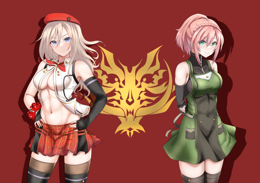 2girls absurdres alisa_ilinichina_amiella aqua_eyes arms_behind_back asymmetrical_gloves bare_shoulders beret black_dress black_footwear black_gloves black_thighhighs blue_eyes boots bracer braid breasts cleavage closed_mouth collared_shirt commentary cowboy_shot crown_braid daiba_canon dress drop_shadow elbow_gloves fingerless_gloves gloves god_eater god_eater_2:_rage_burst green_dress grey_hair groin hair_between_eyes hands_on_own_hips hat highres kaga_kanten_buchou long_hair looking_at_viewer medium_breasts medium_hair multiple_girls navel neckerchief partially_unbuttoned pink_hair plaid_clothes plaid_skirt pleated_skirt ponytail red_background red_headwear red_neckerchief red_skirt shadow shirt sidelocks skirt sleeveless sleeveless_dress sleeveless_shirt smile standing stomach thigh_boots thighhighs toned two-tone_dress undershirt white_shirt zettai_ryouiki zipper