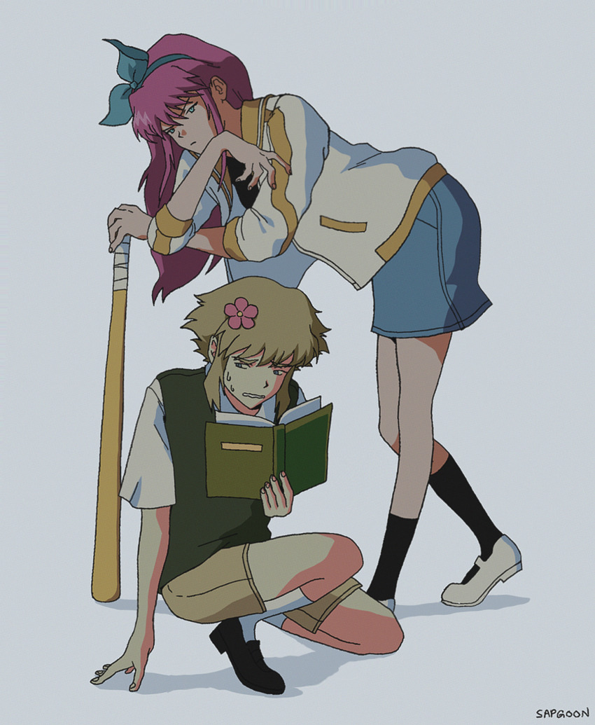 1990s_(style) 1boy 1girl arm_support artist_name aubrey_(faraway)_(omori) aubrey_(omori) baseball_bat basil_(faraway)_(omori) basil_(omori) black_socks blonde_hair blue_eyes blue_hairband blue_skirt book brown_shorts closed_mouth collared_shirt commentary denim denim_skirt english_commentary green_sweater_vest grey_background hairband highres holding holding_baseball_bat holding_book jacket long_hair long_sleeves looking_at_viewer miniskirt omori open_book open_clothes open_jacket parted_lips pink_hair retro_artstyle sapgoon shirt shoes short_sleeves shorts sidelocks simple_background skirt socks sweat sweater_vest white_jacket white_shirt white_shoes white_socks