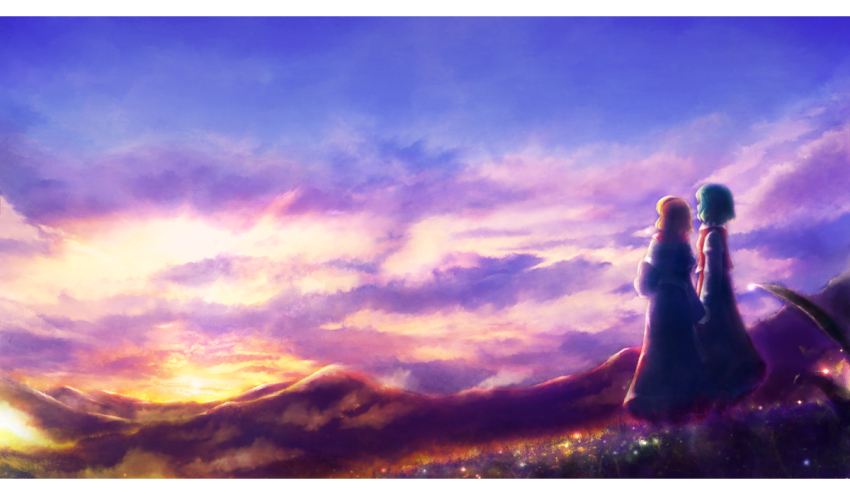 2girls alice_margatroid aqua_hair backlighting bad_id bad_pixiv_id blonde_hair cloud female_focus field flower flower_field from_behind kazami_yuuka landscape letterboxed mountain multiple_girls scenery short_hair sky touhou ukihashi ukihashi_kei