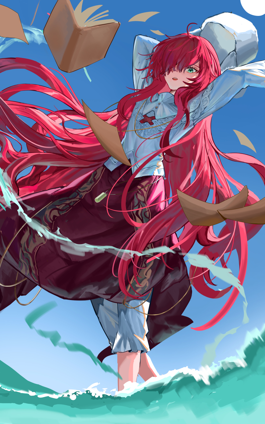 1girl absurdres book clear_sky flat_chest green_eyes hat highres long_hair looking_down one_eye_covered pages red_hair reverse:1999 russia sky the_horse. very_long_hair water yenisei_(reverse:1999)