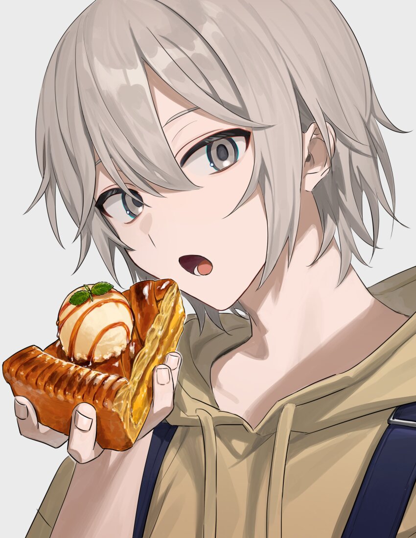 1other :o absurdres androgynous backpack bag blonde_hair double-parted_bangs food fujishiro74 grey_background grey_eyes hair_between_eyes hand_up highres holding holding_food hood hoodie ice_cream looking_at_viewer lower_teeth_only open_mouth original other_focus pie pie_slice portrait short_hair simple_background solo teeth yellow_hoodie