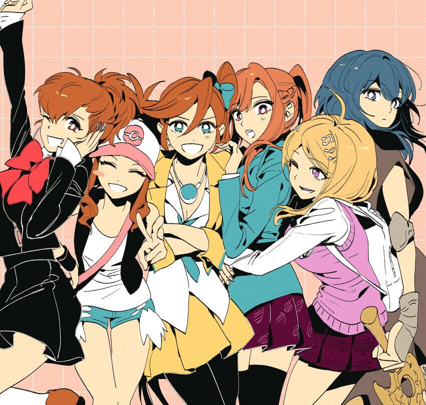 6+girls ace_attorney ahoge akamatsu_kaede arm_up athena_cykes baseball_cap black_jacket black_pantyhose black_skirt black_thighhighs blonde_hair blue_eyes blue_hair blue_jacket blush_stickers bow bowtie brown_hair chidouin_sara closed_eyes commentary_request crossover danganronpa_(series) danganronpa_v3:_killing_harmony dangeroustaku digital_media_player female_byleth_(fire_emblem) fire_emblem fire_emblem:_three_houses fortissimo gekkoukan_high_school_uniform hair_between_eyes hair_ornament hat highres hilda_(pokemon) holding holding_sword holding_weapon jacket jewelry kimi_ga_shine korean_commentary long_sleeves looking_at_viewer multiple_crossover multiple_girls musical_note musical_note_hair_ornament necklace nintendo one_eye_closed open_mouth pantyhose persona persona_3 persona_3_portable phoenix_wright:_ace_attorney_-_dual_destinies pink_sweater pink_sweater_vest pleated_skirt pokemon pokemon_bw ponytail purple_skirt red_bow red_bowtie school_uniform shiomi_kotone shirt short_shorts shorts simple_background single_blush_sticker skirt sleeveless sweater sweater_vest sword sword_of_the_creator thighhighs v weapon white_shirt