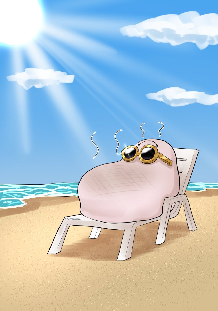 1other absurdres beach chair cloud day duel_monster folding_chair full_body go_madare highres marshmallon no_humans ocean outdoors sky smile sun sunbathing sunburn sunglasses sunlight yu-gi-oh!
