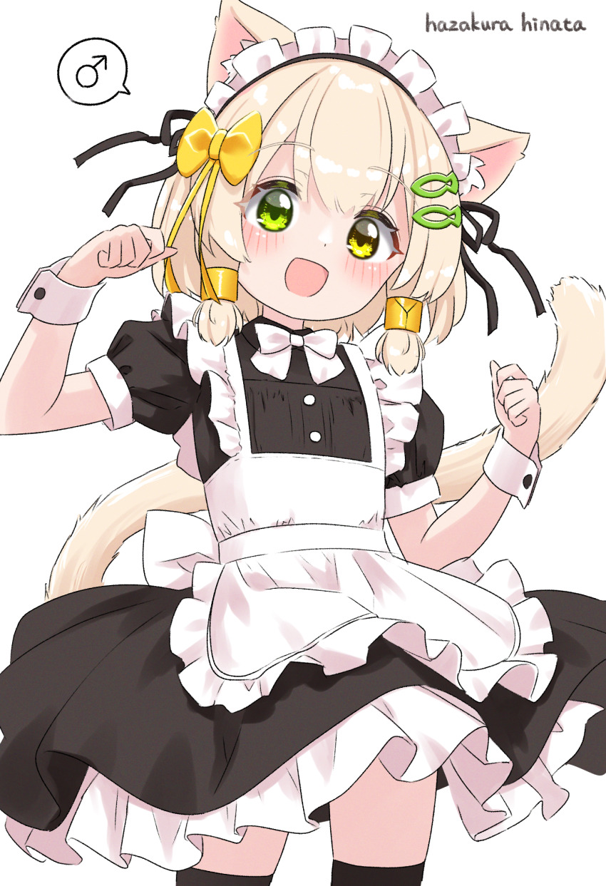 1boy animal_ears apron artist_name black_dress black_thighhighs blonde_hair blush bow cat_boy cat_ears cat_tail commentary_request cowboy_shot crossdressing dress fish_hair_ornament frilled_apron frills green_eyes hair_bow hair_ornament hazakura_hinata heterochromia highres kaya_(hazakura_hinata) looking_at_viewer maid maid_apron male_focus mars_symbol open_mouth original puffy_short_sleeves puffy_sleeves short_hair short_sleeves speech_bubble spoken_mars_symbol tail thighhighs trap white_apron wrist_cuffs yellow_bow yellow_eyes