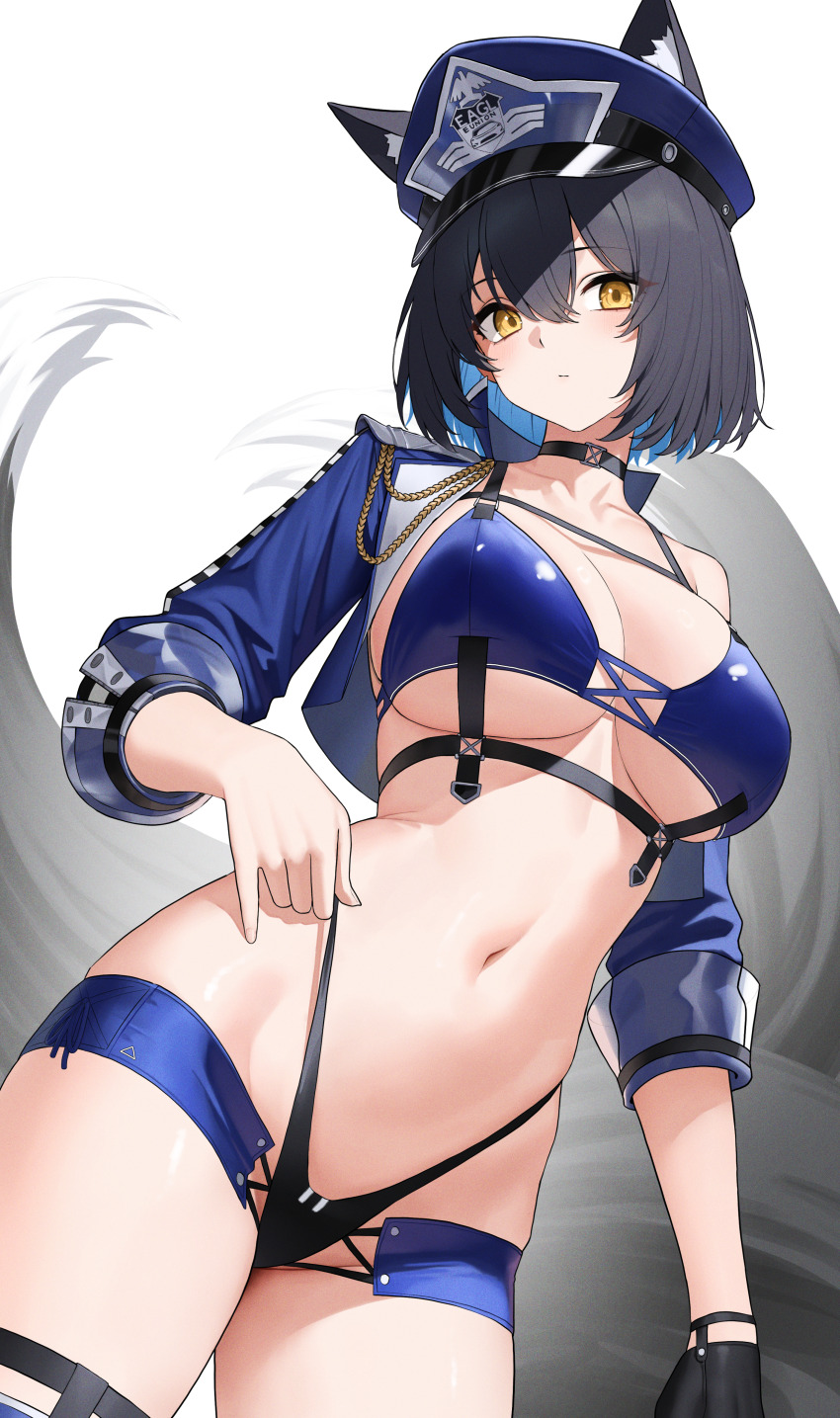 1girl absurdres animal_ears azur_lane baltimore_(azur_lane) baltimore_(azur_lane)_(cosplay) baltimore_(finish_line_flagbearer)_(azur_lane) bikini black_bikini black_choker black_hair blue_bikini blue_hat blue_jacket breasts choker cleavage colored_inner_hair commission cosplay cowboy_shot cropped_jacket dhokidoki ears_through_headwear fox_ears fox_girl fox_tail gloves hat highleg highleg_bikini highres jacket large_breasts looking_at_viewer multicolored_hair multiple_tails navel open_clothes open_jacket original peaked_cap race_queen short_hair single_glove solo standing stomach swimsuit tail thighs yellow_eyes
