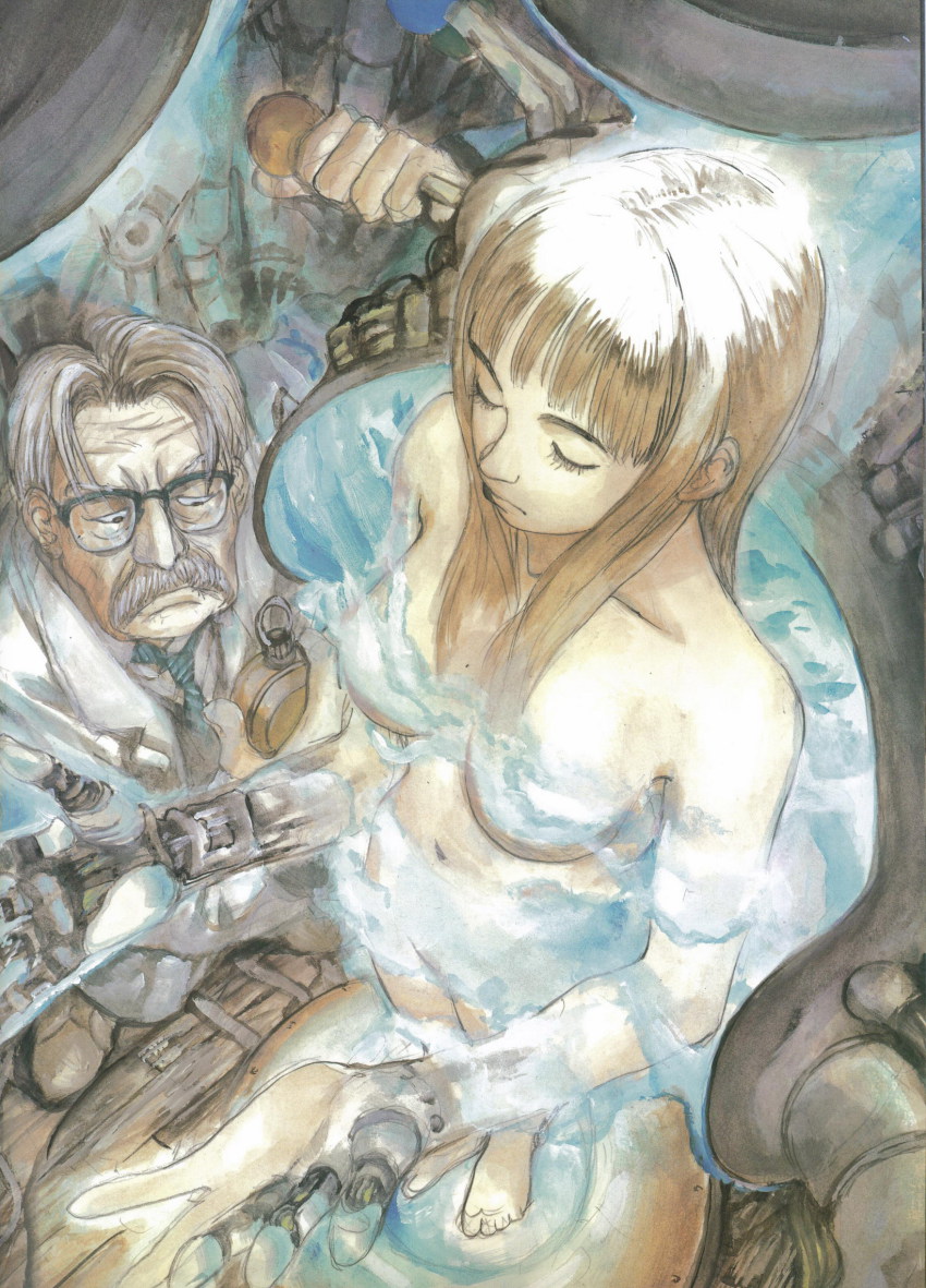 1boy 1girl android android_girl blouse breasts brown_eyes brown_hair censored clock clothed_male_nude_female convenient_censoring closed_eyes facial_hair from_above frown fumes gas glasses grey_hair hand_up highres holding lever long_hair machinery mechanical_arms mustache necktie nude old old_man original pants scientist shirt shoes short_hair single_mechanical_arm standing tsuruta_kenji wooden_floor wrinkled_skin