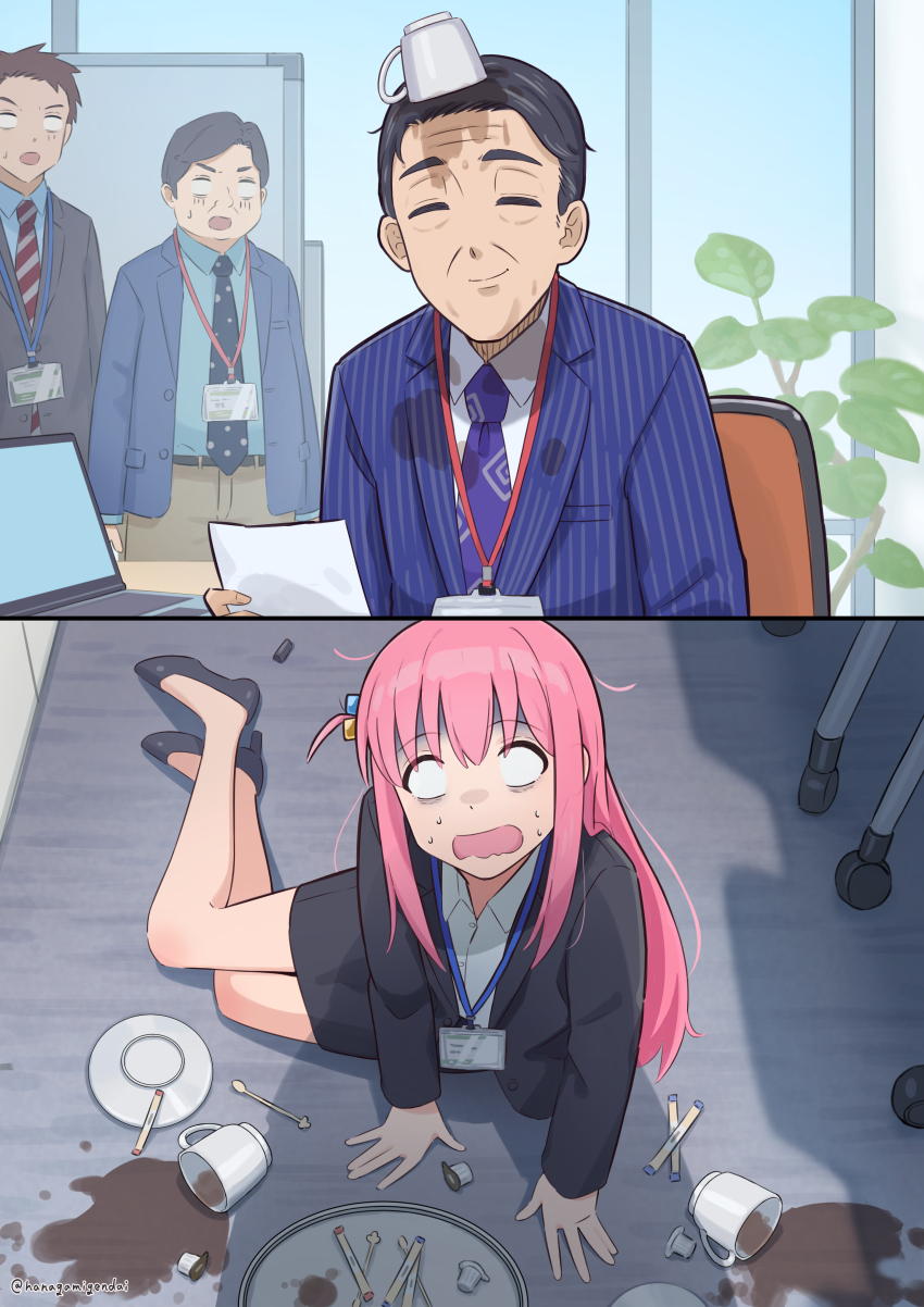 1girl 3boys absurdres black_hair black_skirt bocchi_the_rock! coffee coffee_mug cup drinking_glass formal_clothes gotoh_hitori hanagamigendai highres holding holding_cup long_hair mug multiple_boys necktie office_lady open_mouth pink_hair plant saucer sitting skirt spill suit teacup teapot