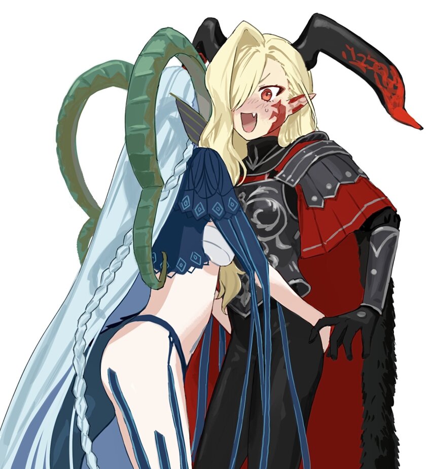 2girls armor ass asymmetrical_bangs black_bodysuit black_horns blue_tail blush bodysuit braid breastplate breasts cape cherroppi curled_horns embarrassed facial_mark fang fate/grand_order fate_(series) fur-trimmed_cape fur_trim green_horns grey_armor hair_over_one_eye hands_on_another&#039;s_ass hands_on_another&#039;s_hips highres horns large_horns larva_tiamat_(fate) tiamat_(third_ascension)_(fate/grand_order) long_hair medium_breasts multicolored_horns multiple_girls nero_claudius_(fate) nose_blush one_eye_covered open_mouth pointy_ears pteruges queen_draco_(fate) queen_draco_(third_ascension)_(fate) red_cape red_eyes red_horns revealing_clothes simple_background single_hair_intake surprised tiamat_(fate) turtleneck two-tone_horns v-shaped_eyebrows very_long_hair wavy_hair white_background yuri