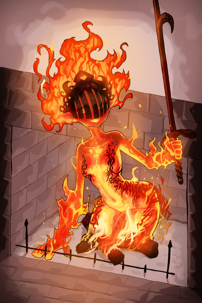 1girl absurdres breasts commission ekrea_jan fiery_hair fire_body fireplace highres holding holding_sword holding_weapon indoors looking_at_viewer monster_girl orange_eyes orange_hair original ponytail skeb_commission small_breasts solo sword visor_(armor) weapon