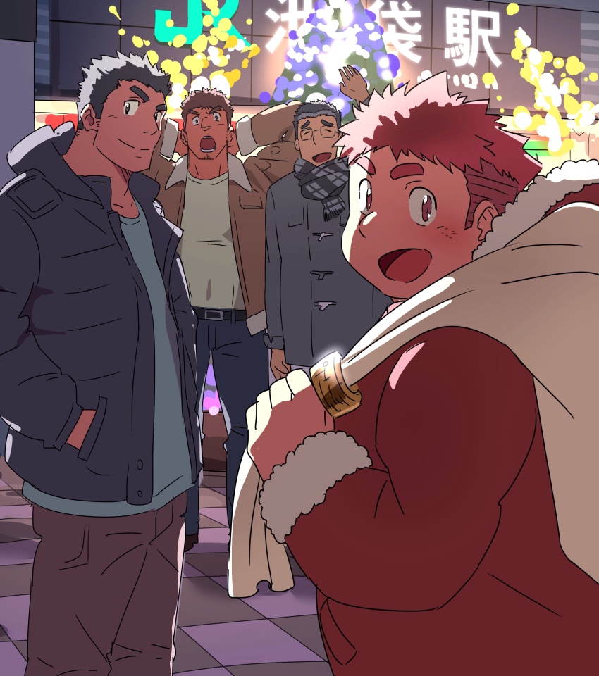 4boys absurdres alternate_costume bara belly blush contemporary denim feet_out_of_frame glasses highres jacket jeans takabushi_kengo kajiya_kurogane looking_at_viewer male_focus protagonist_3_(housamo) multiple_boys open_clothes open_jacket pants ruizu_(takakisan503) yakushimaru_ryota santa_costume motoori_shiro short_hair sideburns smile tokyo_houkago_summoners waving winter_clothes