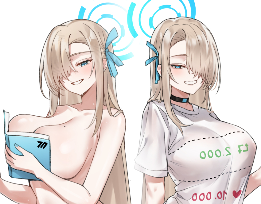 1girl asuna_(blue_archive) black_choker blue_archive blue_eyes blue_halo blue_ribbon blush boobs_in_book_(meme) breasts choker cleavage collarbone commentary_request cut-here_line hair_over_one_eye hair_ribbon halo helandyck highres large_breasts long_hair looking_at_viewer meme mole mole_on_breast multiple_views ribbon shirt short_sleeves simple_background smile topless_female twitter_strip_game very_long_hair white_background white_shirt