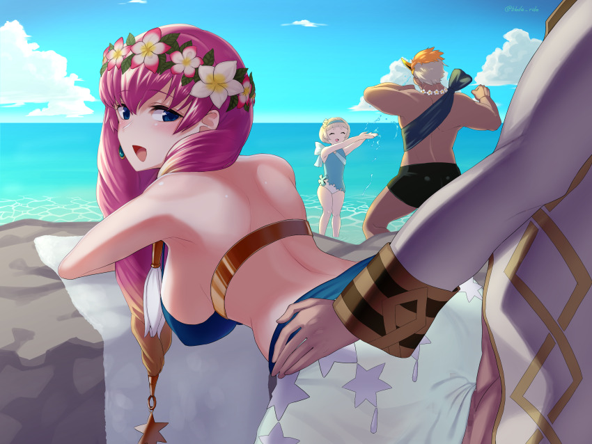 2boys 2girls :d absurdres arched_back arms_up back bare_arms bare_shoulders beach bent_over bikini black_shorts blade_ride blue_bikini blue_eyes blue_one-piece_swimsuit blue_sky blunt_bangs breasts clothed_sex cloud cowboy_shot dark-skinned_male dark_skin day earrings fire_emblem fire_emblem_heroes flower flower_necklace flower_wreath gunnthra_(fire_emblem) gunnthra_(summer)_(fire_emblem) hair_between_eyes hair_flower hair_ornament hanging_breasts helbindi_(fire_emblem) helbindi_(summer)_(fire_emblem) highres horizon implied_sex jacket jewelry kiran_(fire_emblem) large_breasts legs_apart light_blush long_hair long_sleeves looking_at_viewer looking_back male_kiran_(fire_emblem) multicolored_hair multiple_boys multiple_girls muscular muscular_male necklace nintendo ocean one-piece_swimsuit open_mouth orange_hair outdoors pink_hair sarong sex sex_from_behind short_hair shorts sky smile standing star_(symbol) star_print stealth_sex strap_gap swimsuit torso_grab towel twitter_username very_short_hair water white_hair white_jacket white_sarong ylgr_(fire_emblem) ylgr_(summer)_(fire_emblem)