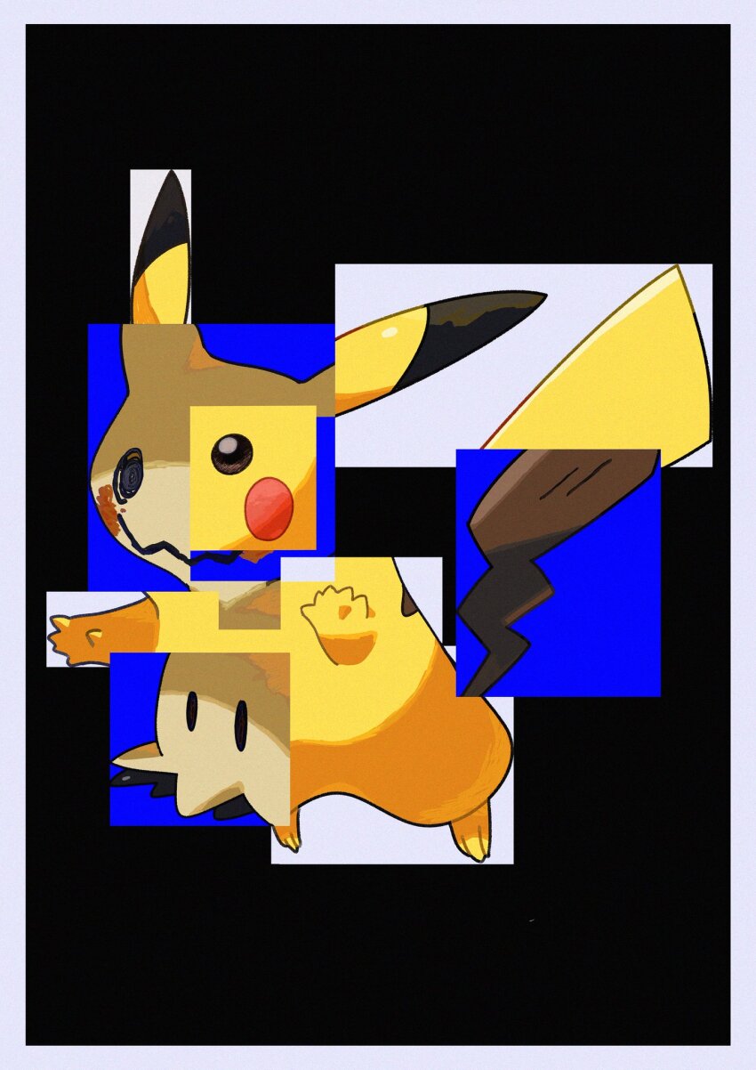 black_background black_eyes border colored_skin drawn_on_eyes full_body gen_1_pokemon gen_7_pokemon glitch highres limited_palette mimikyu nintendo no_humans outstretched_arms pikachu pokemon pokemon_(creature) saiku_(zvlku) solid_oval_eyes square standing white_border yellow_skin