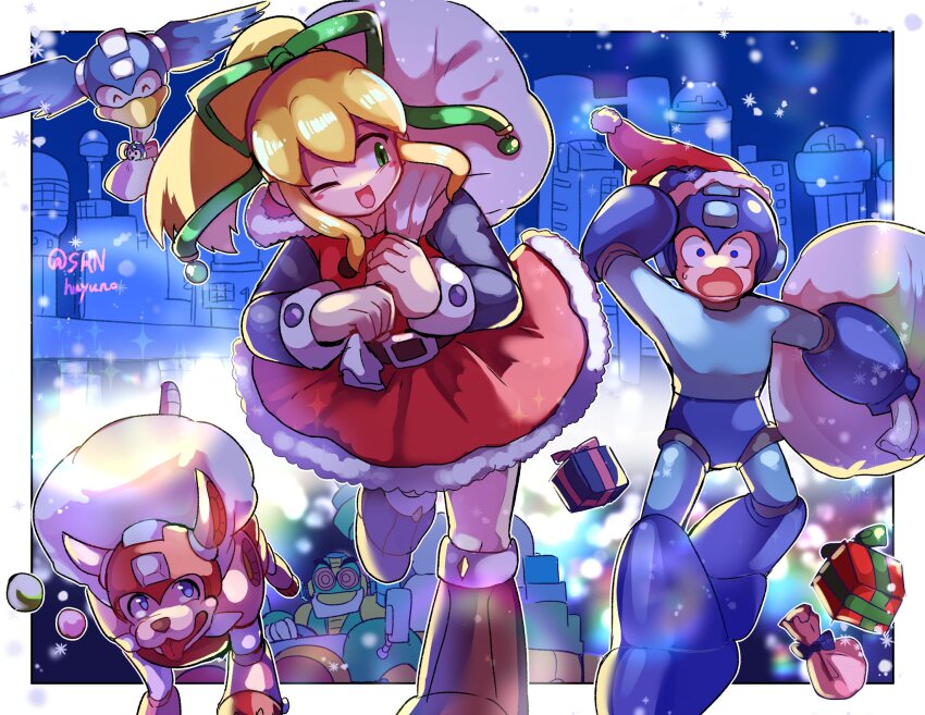 1girl 2boys android auto_(mega_man) bag beat_(mega_man) blonde_hair blue_bodysuit blue_eyes blue_helmet bodysuit christmas commentary dress english_commentary hat helmet high_ponytail highres holding holding_bag humanoid_robot mega_man_(character) mega_man_(classic) mega_man_(series) multiple_boys non-humanoid_robot one_eye_closed ponytail red_dress red_hat robot robot_animal robot_dog robot_dragon roll_(mega_man) rush_(mega_man) santa_hat snow srnhuyuno twitter_username