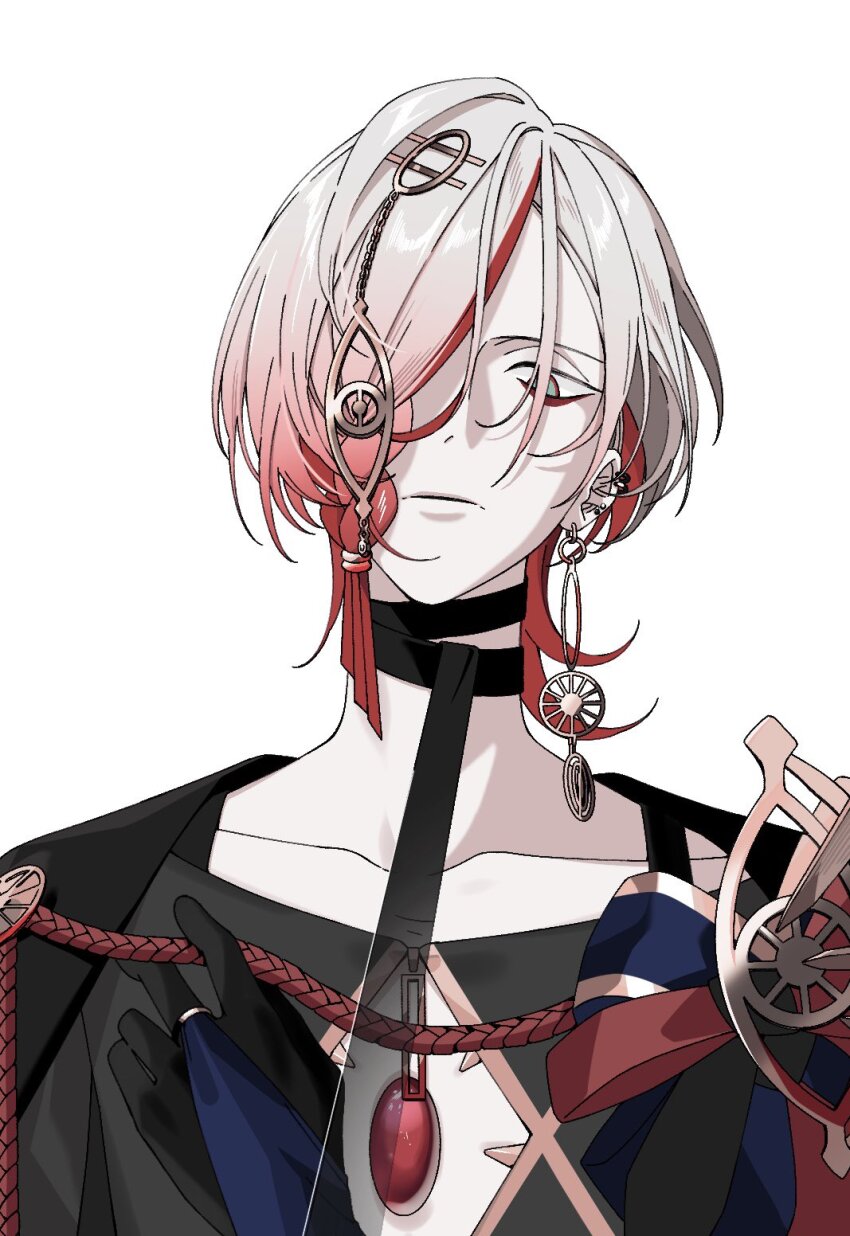 1boy blue_eyes bridal_gauntlets chest_jewel earrings eyeshadow eyeshadow_under_eye fate/grand_order fate_(series) gradient_hair hair_ornament hair_over_one_eye highres inseong_indaeyo jewelry karna_(fate) looking_at_viewer makeup male_focus multicolored_hair multiple_earrings pale_skin red_eyeshadow red_hair short_hair simple_background solo upper_body white_background white_hair