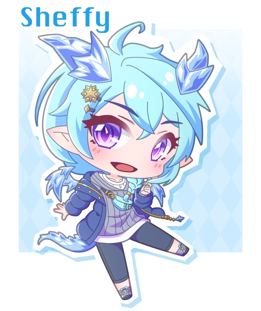 1girl :d absurdres argyle_background black_leggings blue_hair blue_jacket blush character_name chibi commentary_request down_jacket dragon_girl dragon_horns dragon_tail dragon_wings fanny_pack full_body grey_shoes grey_sweater hair_between_eyes highres horns ice ice_horns ice_wings jacket leggings looking_at_viewer open_clothes open_jacket open_mouth outline princess_connect! purple_eyes ribbed_sweater saishosaisekojo sheffy_(princess_connect!) shirt shoes smile solo sweater tail white_outline white_shirt wings