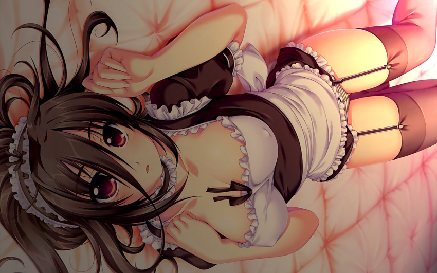 1girl alpha_(yukai_na_nakamatachi) apron bed black_hair blush bonnet breasts brown_eyes brown_hair cleavage clothes_lift covered_erect_nipples female_focus frills from_above g-senjou_no_maou garter_straps highres long_hair lying maid maid_apron maid_headdress nipples on_back open_mouth panties pantyshot red_eyes skirt skirt_lift solo striped_clothes striped_panties thighhighs underwear usami_haru