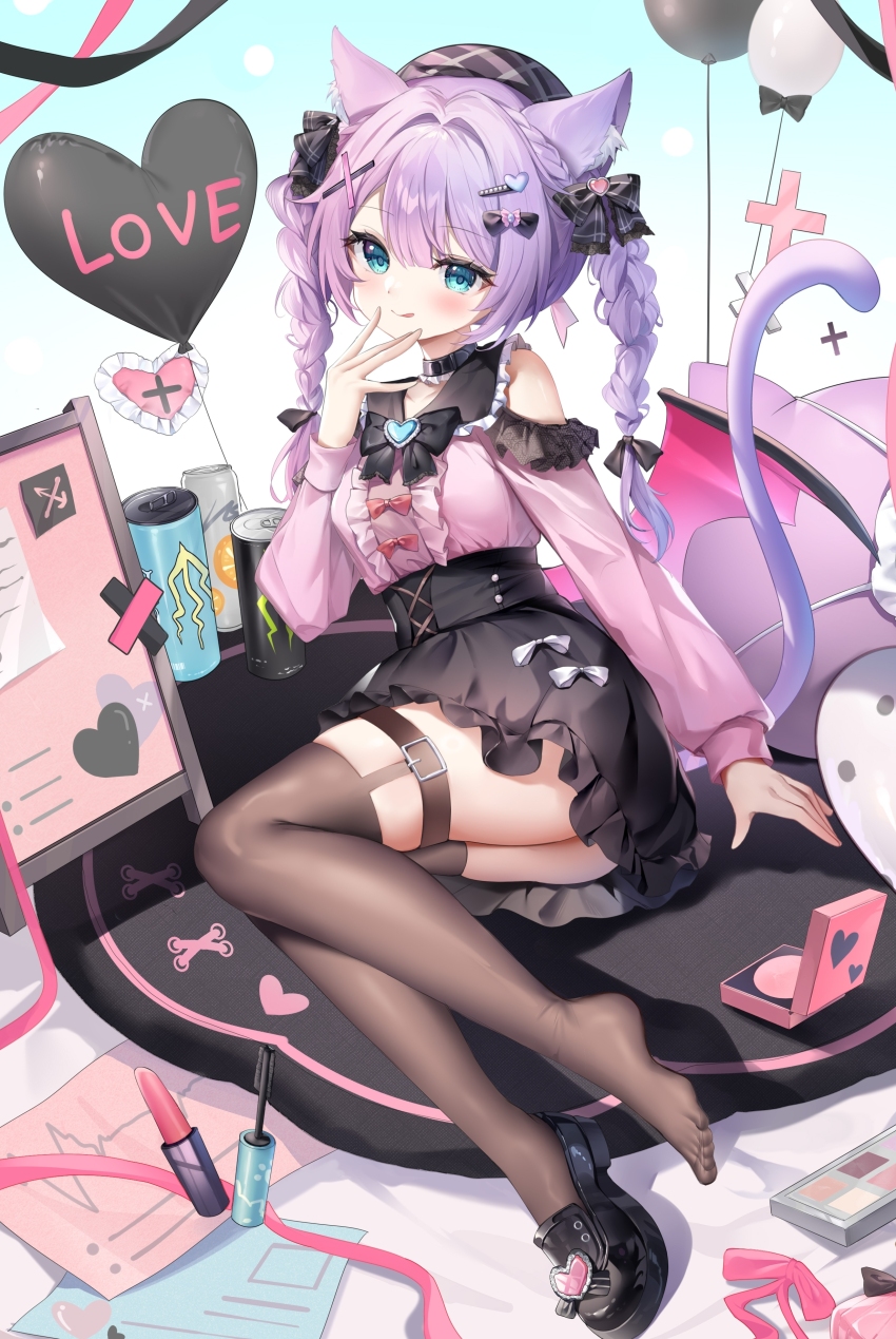 1girl absurdres animal_ear_fluff animal_ears aqua_eyes belt black_bow black_shoes black_skirt black_thighhighs bow braid cat_ears cat_tail center_frills closed_mouth frills full_body guzangnanfeng hair_bow highres long_hair long_sleeves looking_at_viewer original pink_bow pink_shirt purple_hair shirt shoes single_shoe skirt smile tail thigh_belt thigh_strap thighhighs tongue tongue_out twin_braids