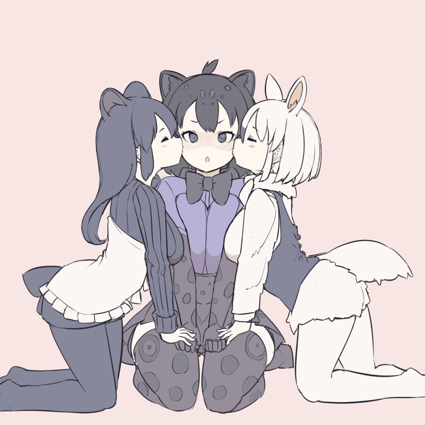 3girls animal_ears anteater_ears anteater_tail bird_witch black_corset black_gloves black_hair black_jaguar_(kemono_friends) black_legwear black_neckwear black_skirt black_sweater blue_eyes blush bow bowtie closed_eyes corset extra_ears girl_sandwich gloves hands_on_lap highres jaguar_ears jaguar_girl leopard_print jaguar_tail kemono_friends kiss kissing_cheek long_sleeves mountain_tapir_(kemono_friends) multiple_girls no_shoes pantyhose pleated_skirt print_gloves print_legwear print_pantyhose purple_shirt sandwiched seiza shirt short_hair short_shorts short_sleeves shorts sitting skirt southern_tamandua_(kemono_friends) sweater tail tapir_girl tapir_tail thighhighs white_legwear white_shorts white_sweater zettai_ryouiki