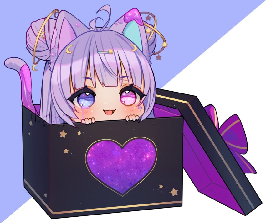 1girl animal_ears antenna_hair blue_background blue_eyes blue_nails blunt_bangs blush bow box cat_ears cat_girl cat_tail chibi commentary crescent crescent_hair_ornament double_bun english_commentary facial_tattoo fang gift hair_bun hair_ornament hairclip happy heart heart_tattoo heterochromia highres hyanna-natsu in_box in_container lid liquid_from_eyes long_hair looking_ahead multicolored_nails nail_polish open_mouth original pink_eyes purple_bow purple_hair purple_nails smile solo star_(symbol) star_hair_ornament straight_hair tail tan tattoo two-tone_background white_background ych_commission