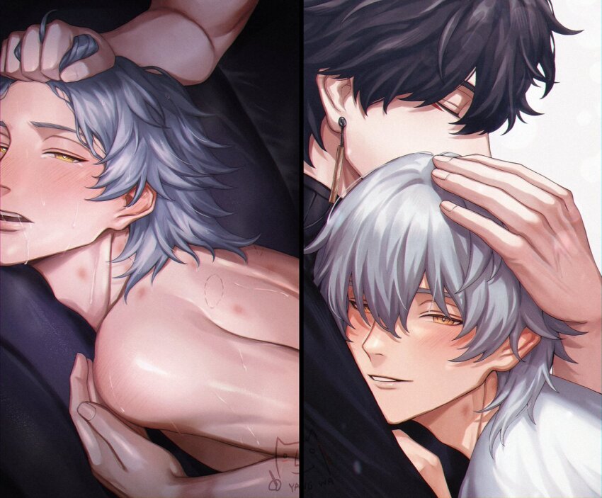 2boys 777yangwa bishounen bite_mark bite_mark_on_shoulder black_hair caelus_(honkai:_star_rail) comforting couple crying dan_heng_(honkai:_star_rail) earrings eyeliner fucked_silly grabbing_another&#039;s_hair grey_hair hair_pulled_back hickey honkai:_star_rail honkai_(series) hug implied_anal jewelry looking_at_viewer male_focus meme multiple_boys parted_lips red_eyeliner saliva shirt short_hair smile sometimes_like_this/also_like_that_(meme) streaming_tears tears trailblazer_(honkai:_star_rail) white_shirt yaoi yellow_eyes
