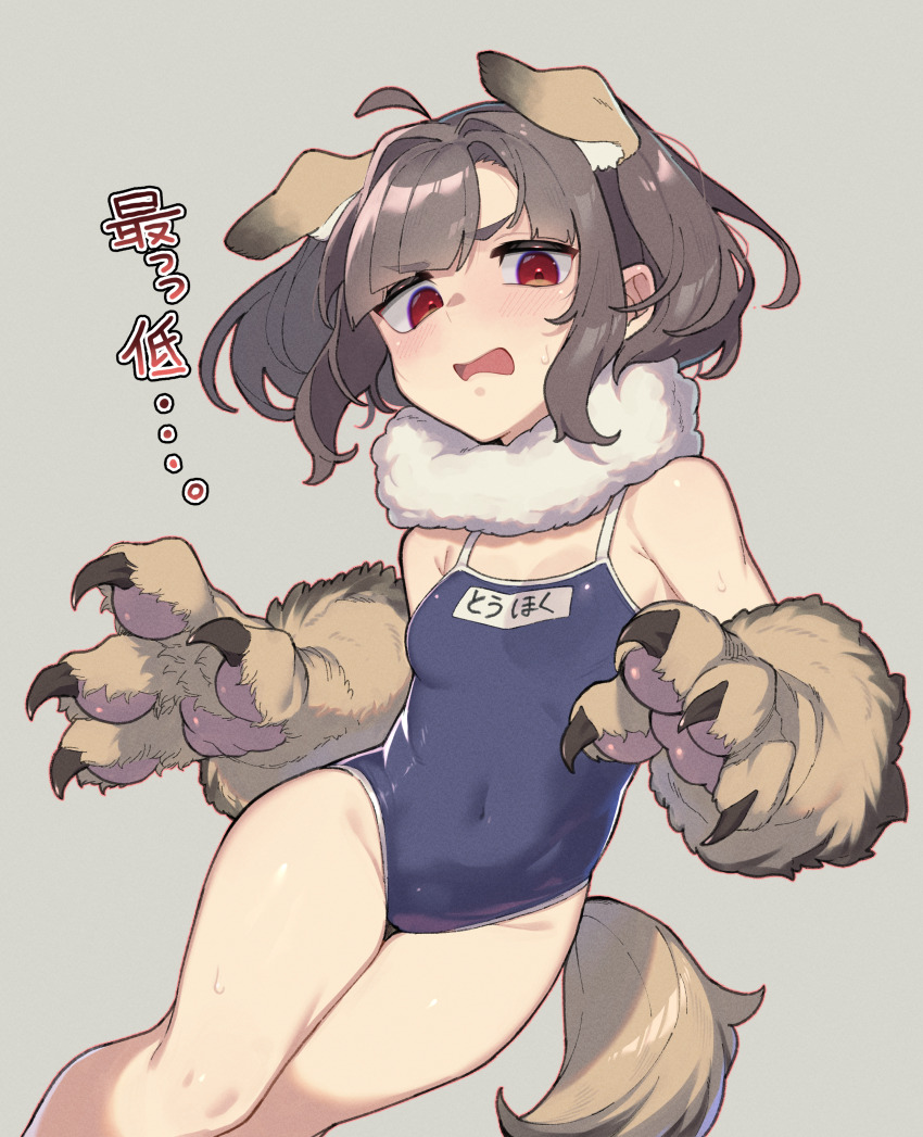 1girl absurdres ahoge alternate_costume animal_costume animal_ear_fluff animal_ears animal_hands bare_shoulders blush breasts brown_hair covered_navel cowboy_shot dog_ears dog_girl dog_tail fur_collar gloves highres looking_at_viewer one-piece_swimsuit open_mouth paw_gloves red_eyes school_swimsuit short_hair simple_background small_breasts solo standing swimsuit tail toriniku29 touhoku_kiritan voiceroid white_background