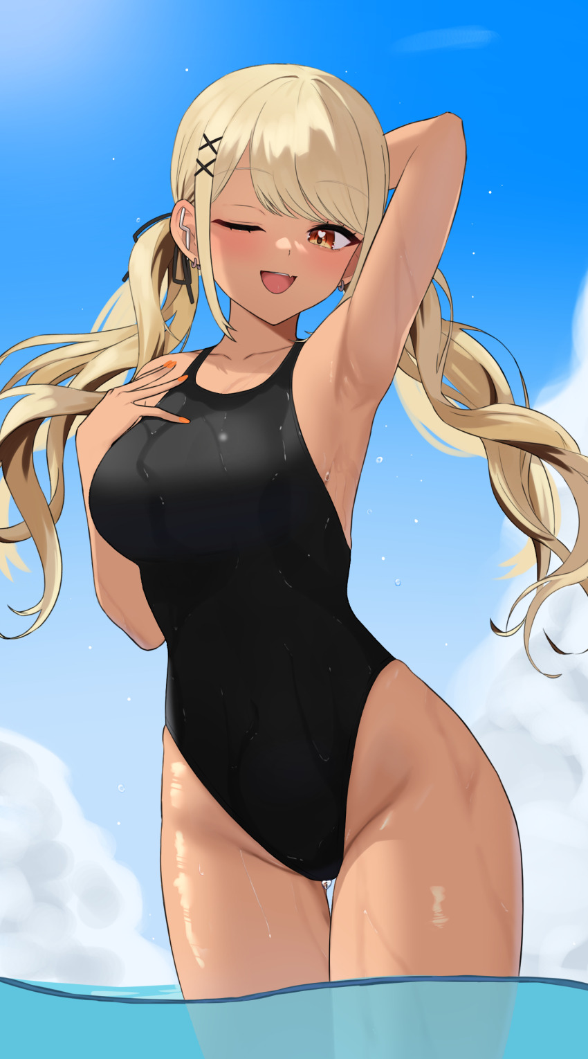 1girl 4kebidayo absurdres armpits arms_behind_head black_one-piece_swimsuit blonde_hair blue_sky breasts brown_eyes cloud competition_swimsuit dark-skinned_female dark_skin gyaru hair_ornament highres kaminari_qpi kogal large_breasts low_twintails one-piece_swimsuit one_eye_closed orange_nails presenting_armpit sky solo swimsuit thigh_gap twintails virtual_youtuber vspo! wading water x_hair_ornament