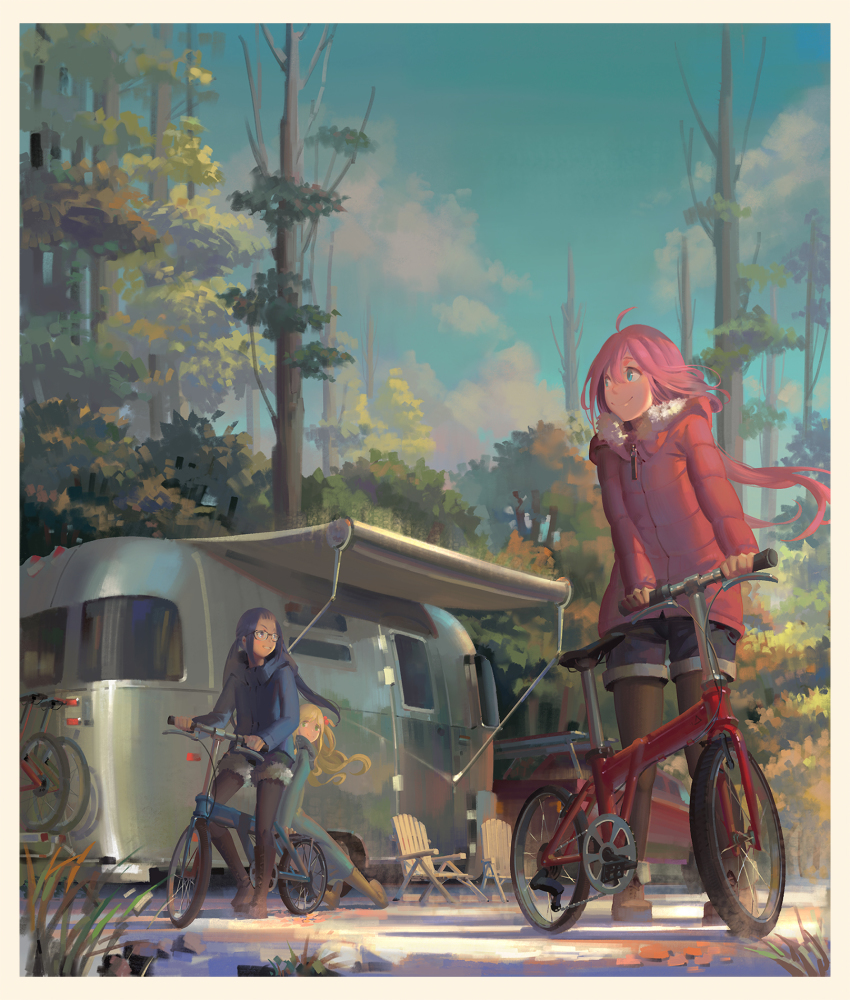 3girls bicycle black_legwear blue_coat blue_shorts boots border brown_eyes brown_footwear brown_hair camper camper_trailer car caravan chair coat day down_jacket green_eyes highres inuyama_aoi jacket kagamihara_nadeshiko knee_boots long_sleeves low_twintails motor_vehicle multiple_girls oogaki_chiaki outdoors pantyhose parted_lips pink_coat pink_hair psi_(583278318) recreational_vehicle red_car shorts side_ponytail sitting slice_of_life smile standing trailer trailer_camper travel_trailer twintails yurucamp