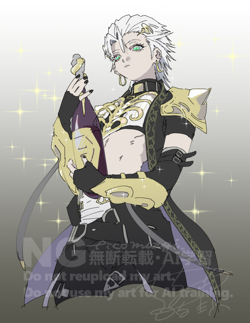 1boy armor black_nails bottle closed_mouth crop_top cropped_legs earrings elbow_gloves final_fantasy final_fantasy_vii final_fantasy_vii_ever_crisis fingerless_gloves gloves gold_armor gradient_background green_eyes grey_background grey_hair hair_between_eyes hair_ornament highres holding holding_bottle hoop_earrings jewelry male_focus midriff nail_polish official_alternate_costume sephiroth sephiroth_(cape_of_the_worthy) sephiroth_(ever_crisis) short_hair sign slit_pupils solo sparkle upper_body vambraces zc_furuya