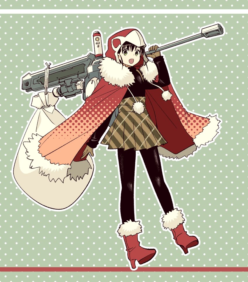 absurdres capelet christmas fur-trimmed_capelet fur_trim grey_background gun hair_between_eyes hawk_(mechanical_buddy_universe) hawkeyes_(mechanical_buddy_universe) highres holding holding_gun holding_weapon hood hooded_jacket jacket kato_takuji long_sleeves mechanical_buddy_universe polka_dot polka_dot_background red_capelet rifle riika_rikkinen_(mechanical_buddy_universe) sack santa_costume science_fiction short_hair skirt sniper_rifle thighhighs weapon
