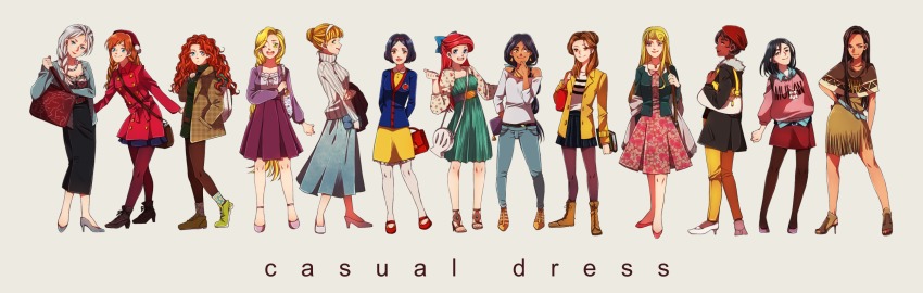 6+girls :d aladdin_(movie) anna_(frozen) ariel_(disney) arms_behind_back aurora_(disney) bad_feet bag beauty_and_the_beast belle_(disney) black_hair blonde_hair blouse blue_eyes bow braid brave_(disney) brave_(pixar) breasts brown_eyes brown_hair casual character_name cinderella cinderella_(disney) cleavage contemporary curly_hair dark-skinned_female dark_skin denim disney dress earrings elsa_(frozen) fa_mulan_(disney) fashion frozen_(disney) green_eyes hair_bow hair_bun hair_over_shoulder hairband hand_in_pocket hand_on_own_hip handbag hat high_heels highres jacket jasmine_(disney) jeans jewelry libera long_hair long_skirt medium_breasts merida_(brave) mulan_(movie) multiple_girls native_american necklace open_mouth pants pantyhose pocahontas_(disney) pocahontas_(movie) rapunzel_(disney) red_hair ribbed_sweater shirt short_dress short_hair silver_hair single_braid single_hair_bun skirt sleeping_beauty smile snow_white_(disney) snow_white_(fairy_tale) snow_white_and_the_seven_dwarfs sweater tangled the_little_mermaid_(disney) the_princess_and_the_frog tiana tiana_(the_princess_and_the_frog) very_long_hair